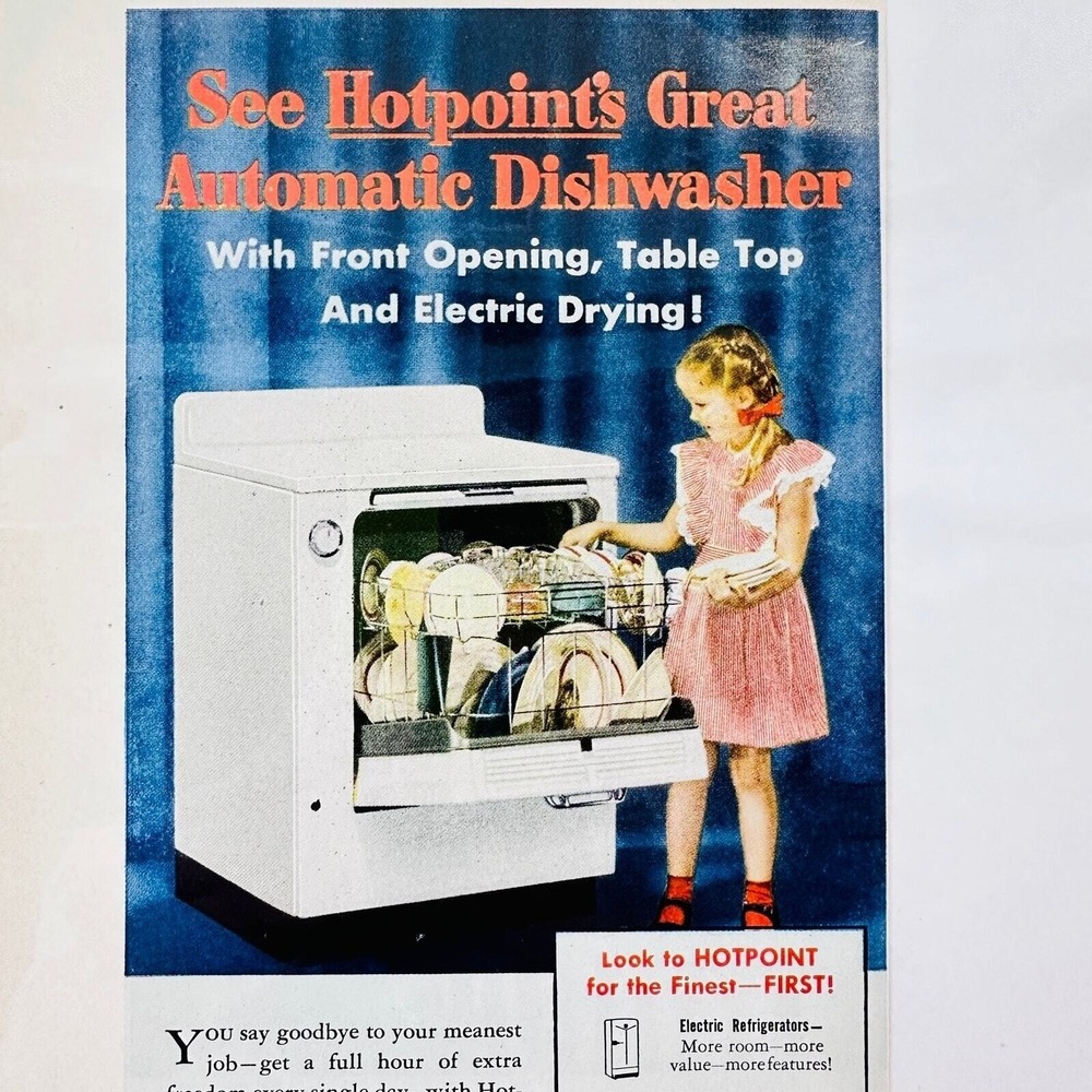 1949 Hotpoint Print Ad Girl Loading Automatic Dishwasher Retro Kitchen Blue